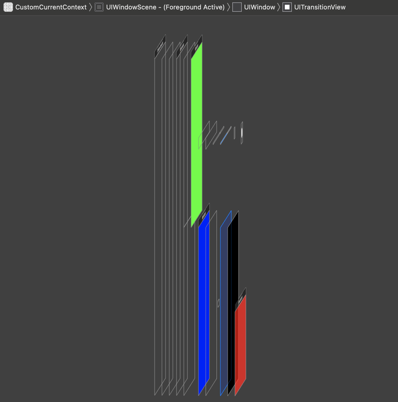 Screenshot from Debug View Hierarchy. The UITransitionView that contains the presented view controller now only covers the region of the screen corresponding to the presentation context.