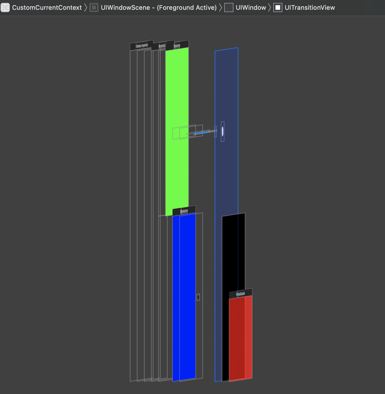 Screenshot from Debug View Hierarchy. The UITransitionView that contains the presented view controller covers the whole screen, even though the presented view controller and dimming view are confined to the presentation context.